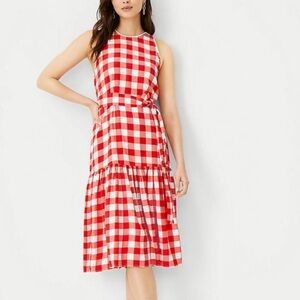 Ann Taylor Red and White Gingham Midi Dress No Belt
